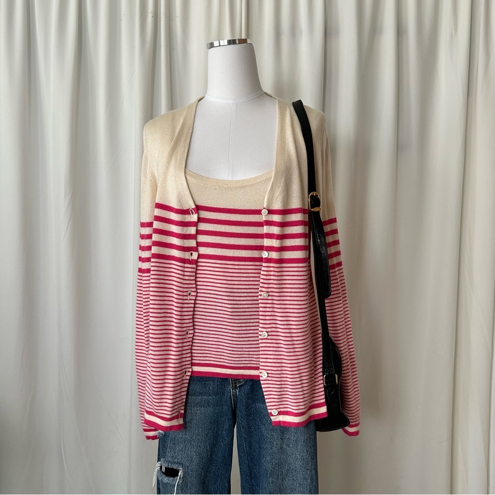 VTG 80s Ivoire de Balmain Paris Striped Cardigan & Cami Set | Silk Cashmere M
